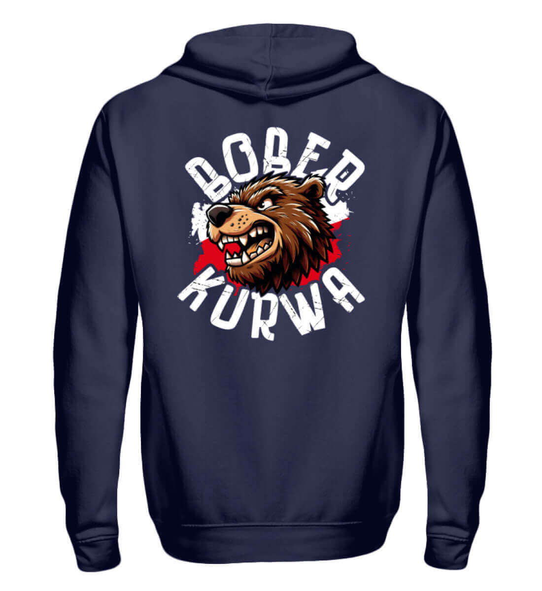 Bober Kurwa Zip-Hoody featuring a bear graphic on a navy background, perfect for warm and durable wear.