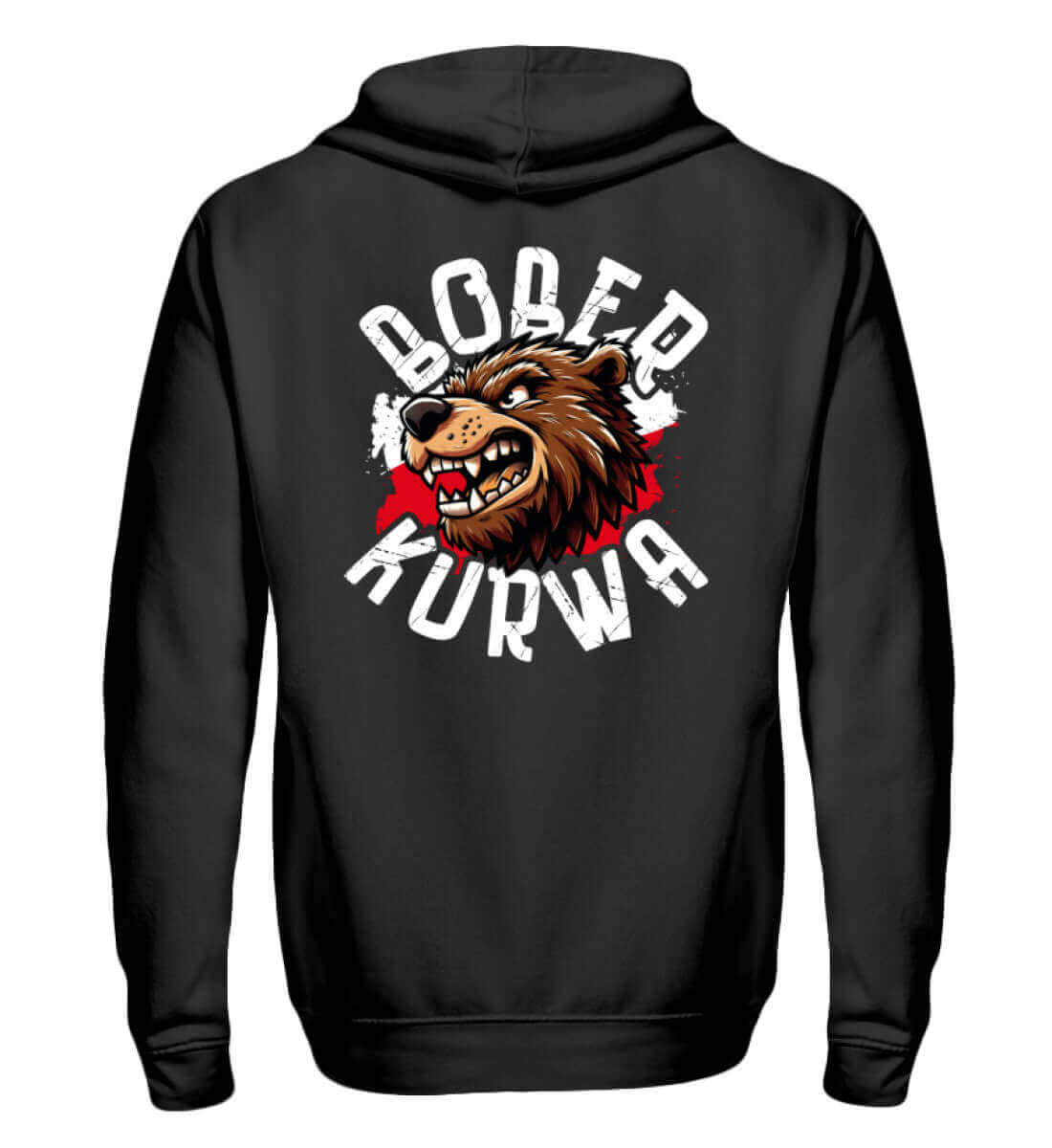 Bober Kurwa Zip-Hoody featuring a bear graphic design on a black hoodie, stylish and cozy.