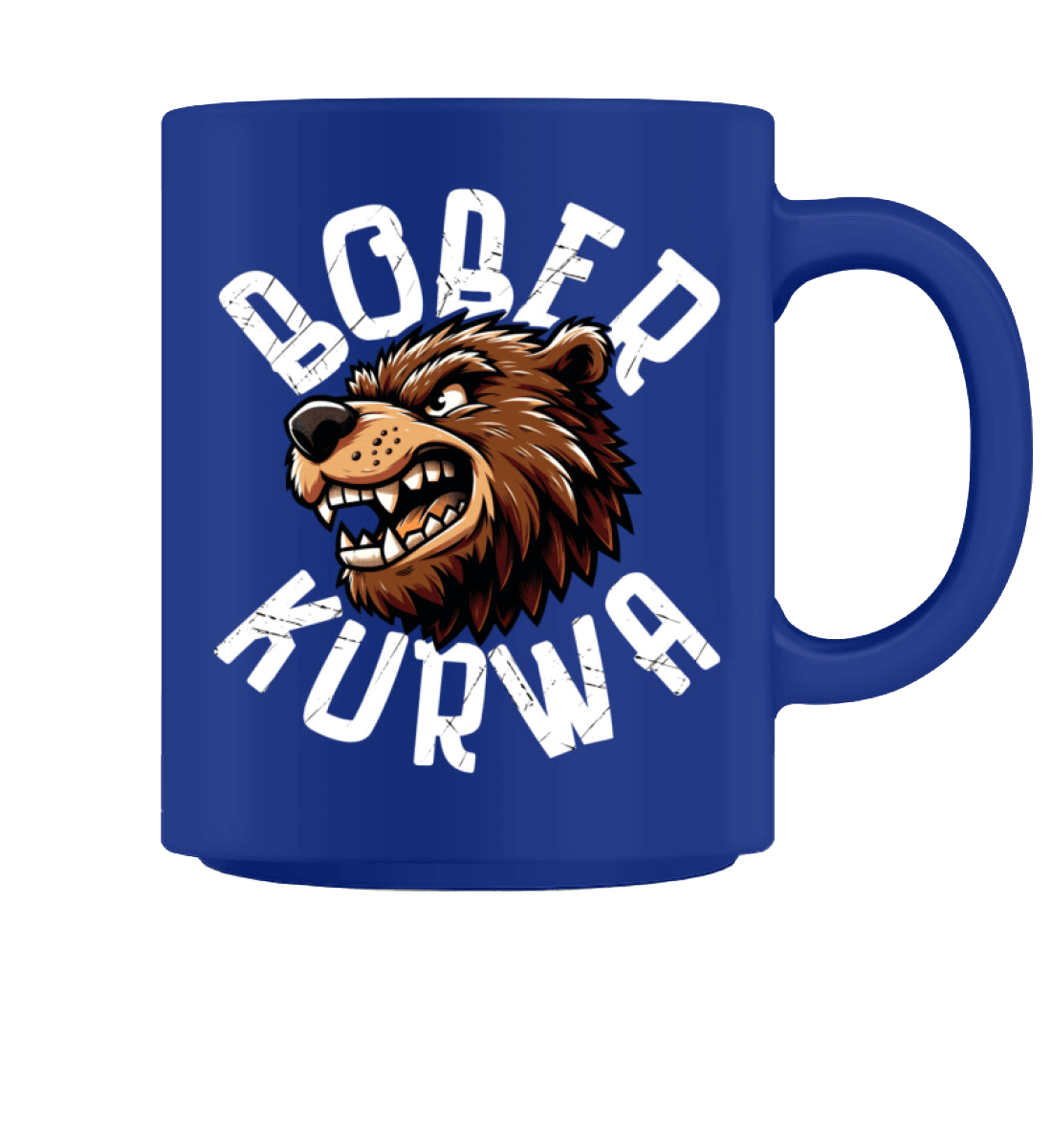 Bober Kurwa Tasse in blauer Keramik mit Biber-Motiv, ideal für Kaffee und Tee, 374ml Volumen.