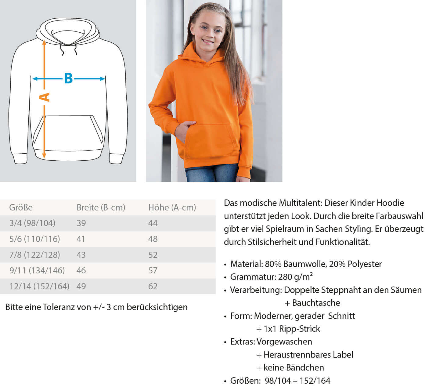 Hochwertiger Kinder Kapuzenpullover in Orange mit EM 2024 Motiv, 80% Baumwolle, perfekt für junge Fußballfans.