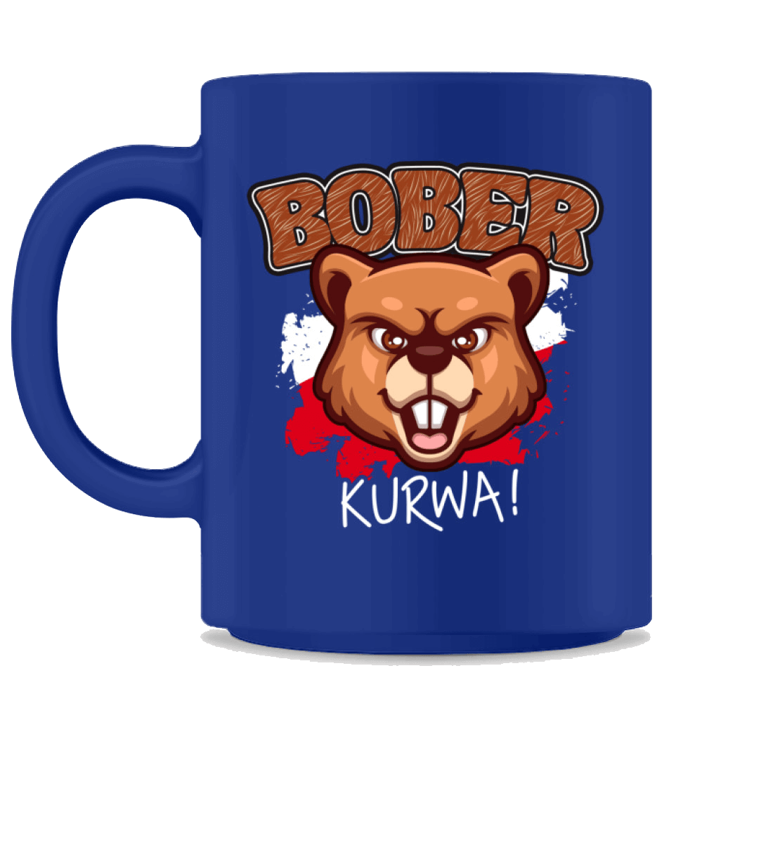 Bober Kurwa Kaffeetasse – Viral Biber Drink-Boss | 374ml mit cartoonartigem Biber-Design auf blauer Tasse.