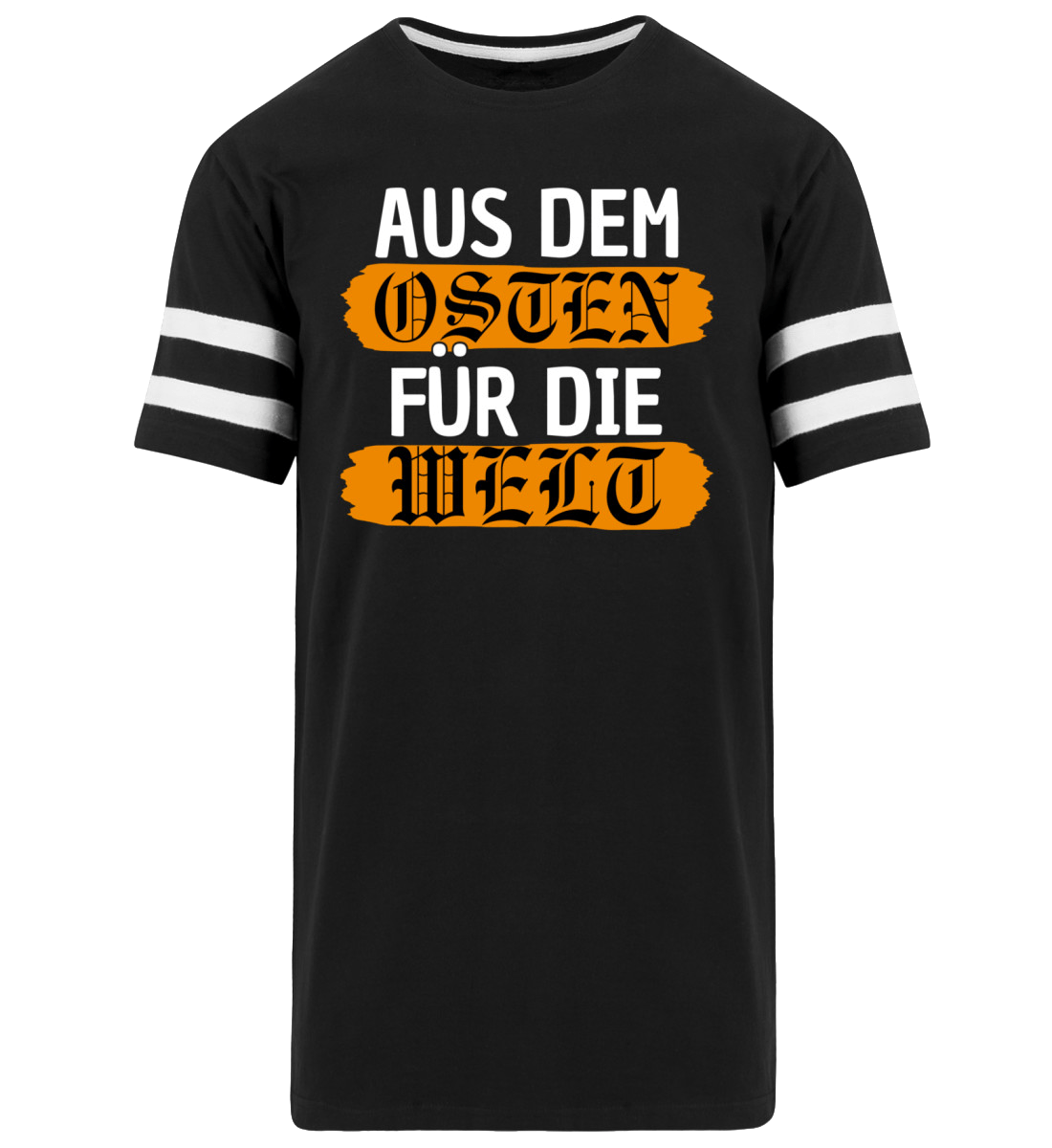 Osten Long Shirt in black with striped sleeves featuring the text 'Aus dem Osten für die Welt'.