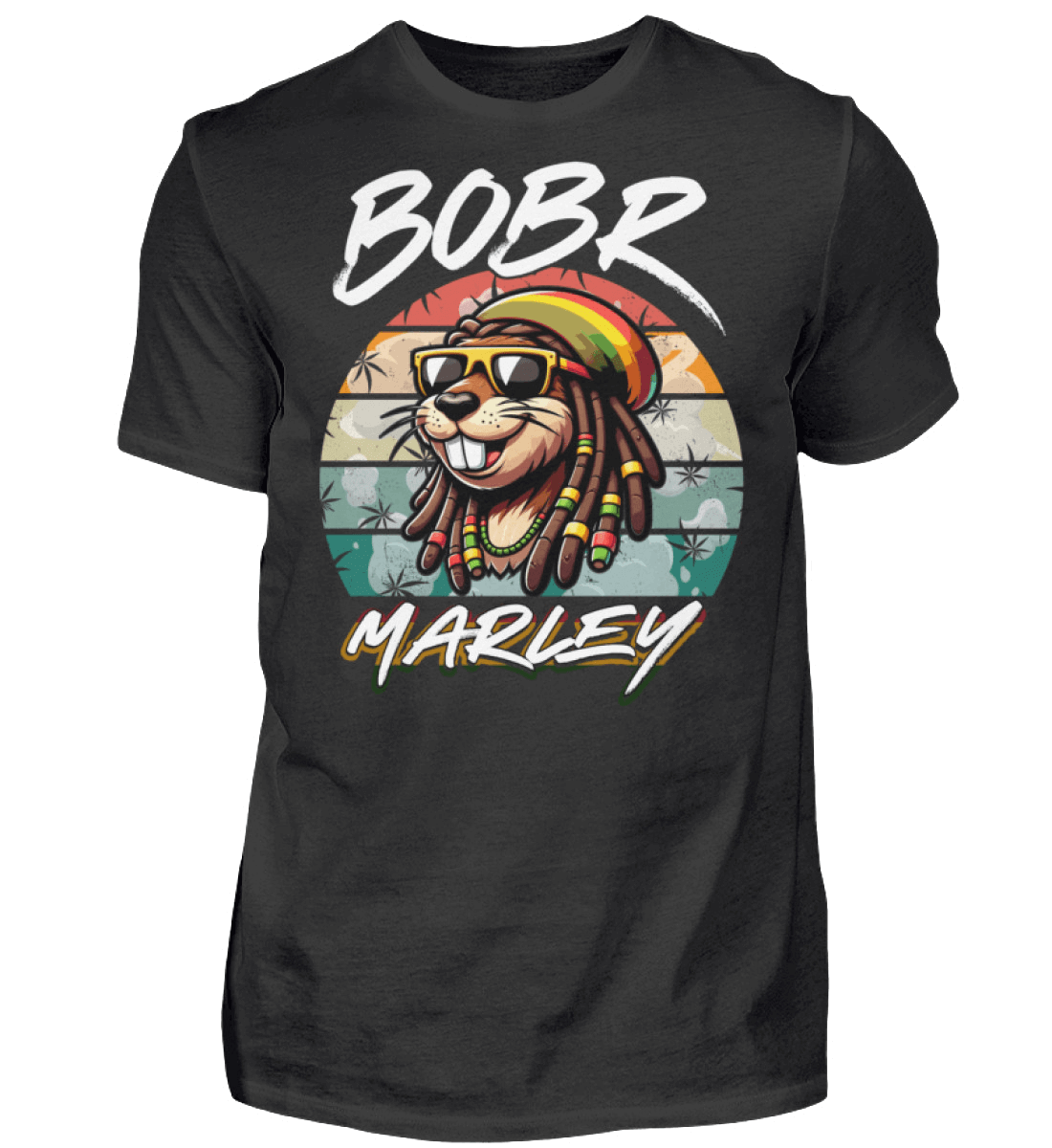 Bobr Marley Shirt featuring a colorful lion wearing sunglasses and a reggae hat on a black t-shirt background.