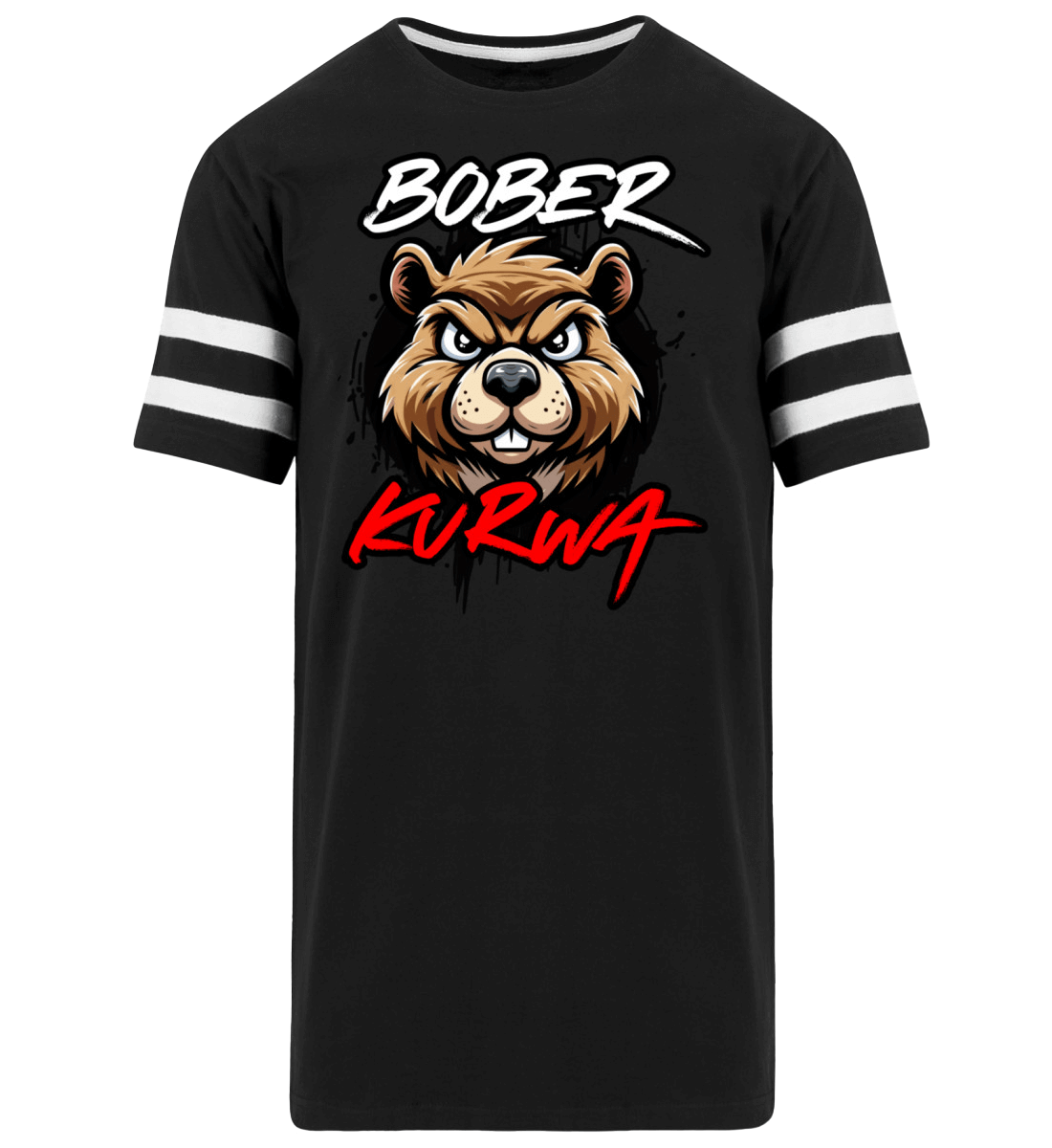 Bober Kurwa Striped Tee featuring a fierce beaver graphic on a black background with white stripes.