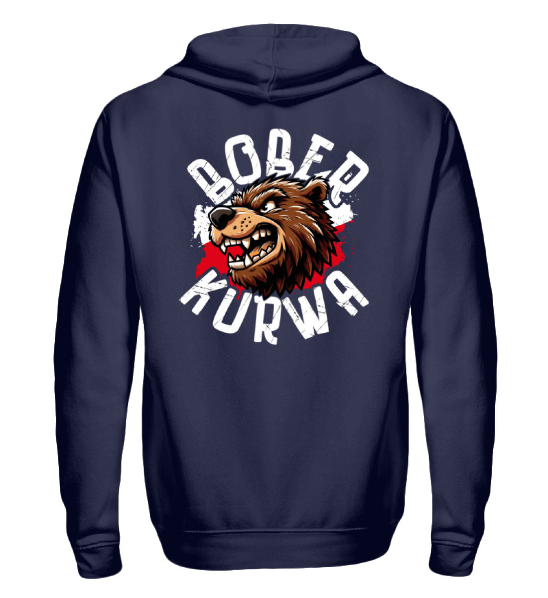 Bober Kurwa Zip-Hoody featuring a fierce bear graphic on the back, showcasing viral Biber Boss style.