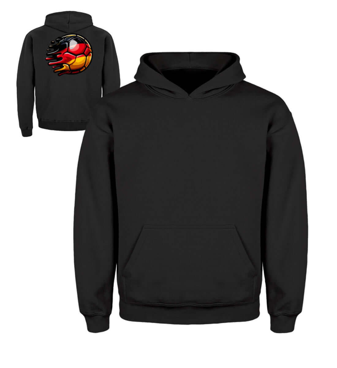 Schwarzer Kinder Kapuzenpullover mit feuriger Fußballgrafik, perfekter Hoodie für junge Fußballfans.