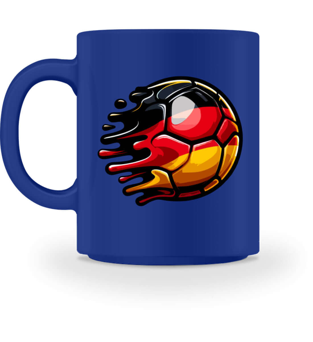 Kaffeetasse in Blau mit Fußball-Design und Deutschland-Farben, ideal für Fußballfans.