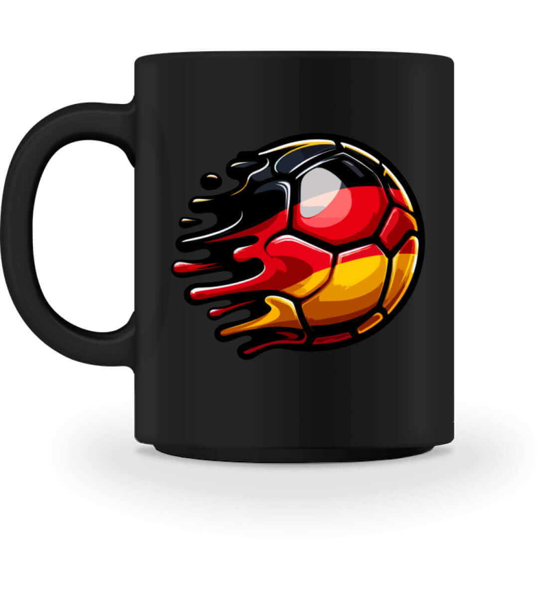 Schwarze Kaffeetasse mit Fußball-Design in den Farben der Deutschland-Flagge, ideal für Fußballfans.
