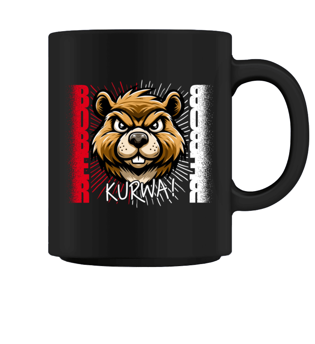 Bober Kurwa Kaffeetasse featuring a fierce bear graphic, perfect for coffee lovers. 374ml durable ceramic mug.