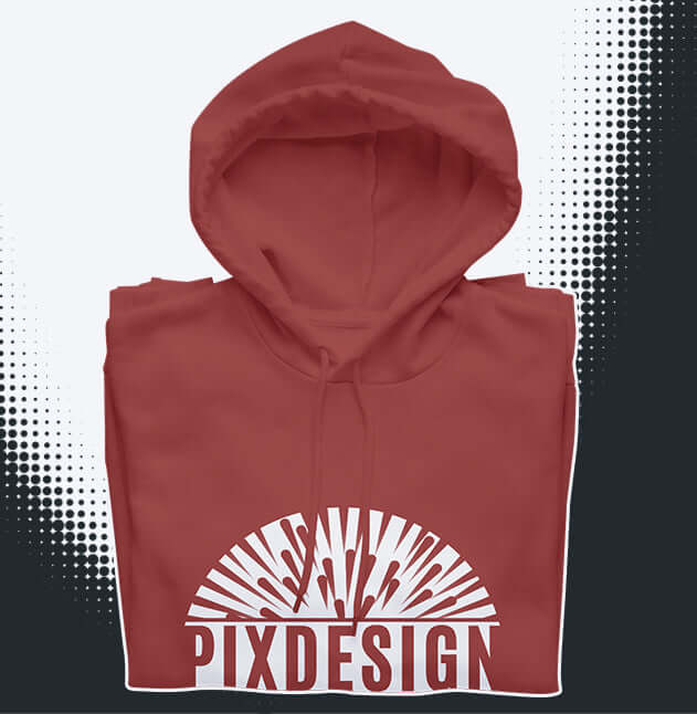 Rote Kapuzenjacke mit PIXDESIGN-Logo, stilvoll und modern, ideal für Freizeitkleidung.