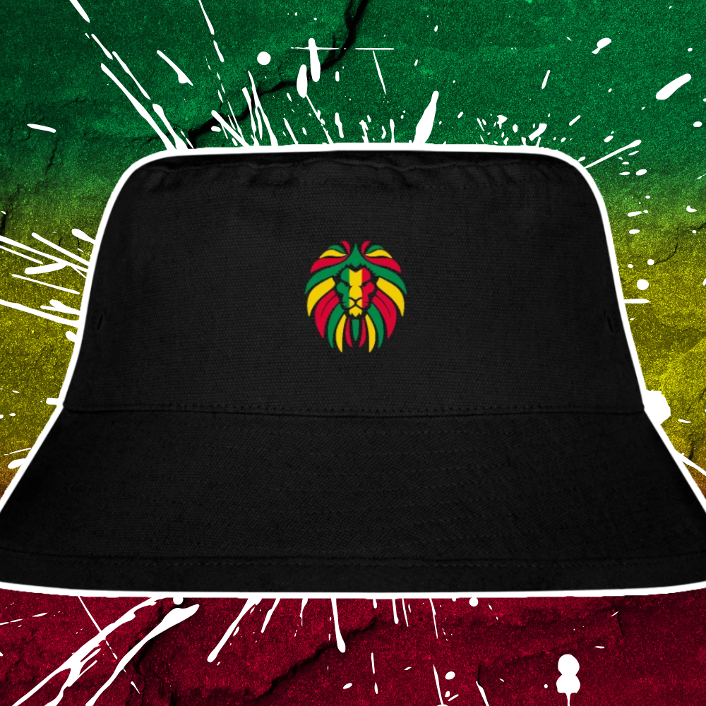 Reggae Fischerhut – Unisex Bucket Hat with colorful lion design on a black background, DE Produktion