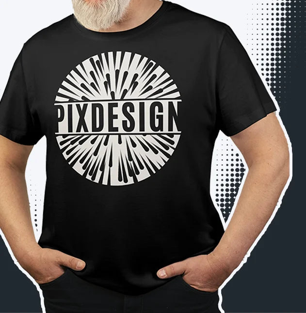 Schwarzshirt mit dem Aufdruck "PIXDESIGN" und strahlenförmigem Design, getragen von einem Erwachsenen.