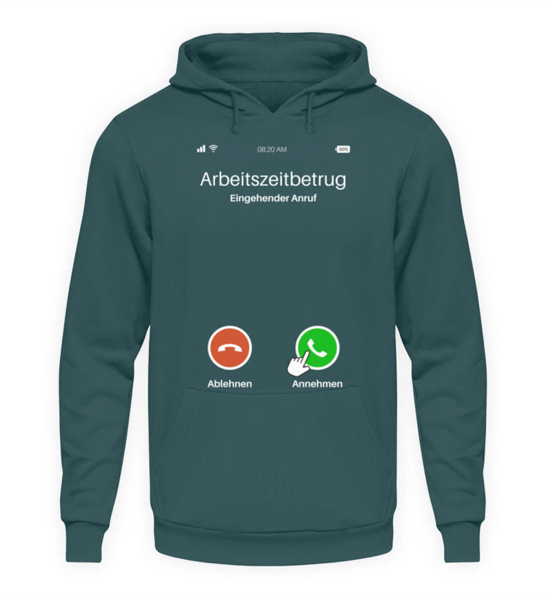 Herren Hoody mit Aufdruck "Arbeitszeitbetrug" und Anruf-Symbolen, perfekt für humorvolle Outfits.
