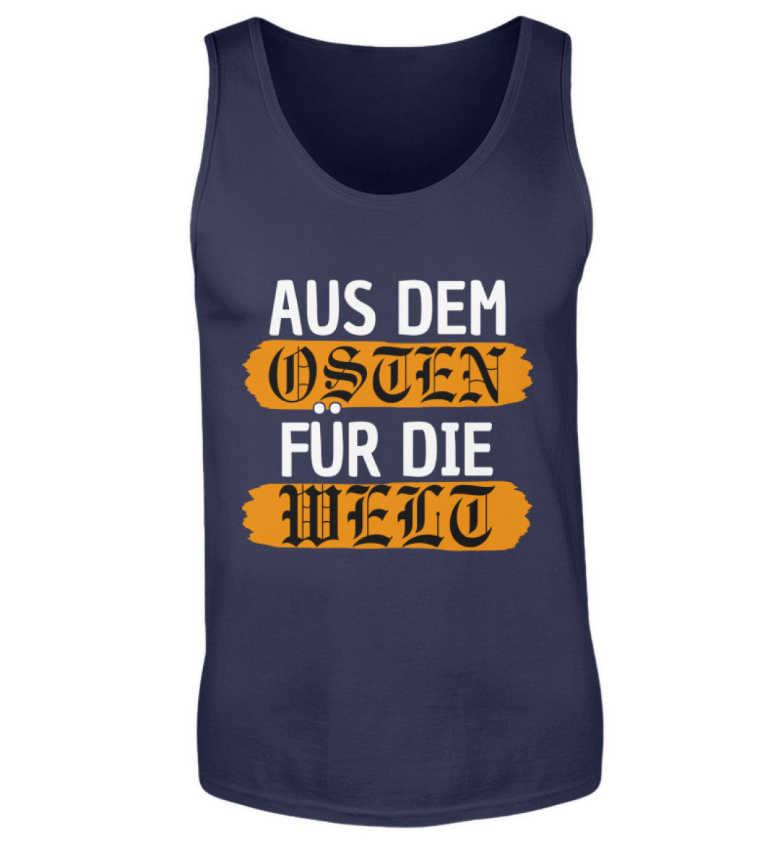 Osten Tanktop Herren – Aus dem Osten für die Welt design on navy blue tanktop, made of 100% cotton.