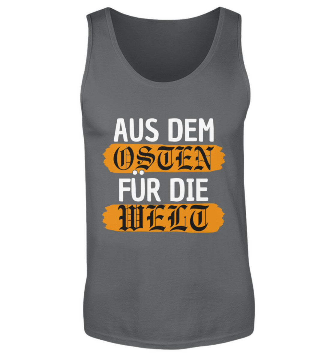 Osten Tanktop Herren in grau mit Aufschrift 'Aus dem Osten für die Welt', aus 100% Baumwolle.