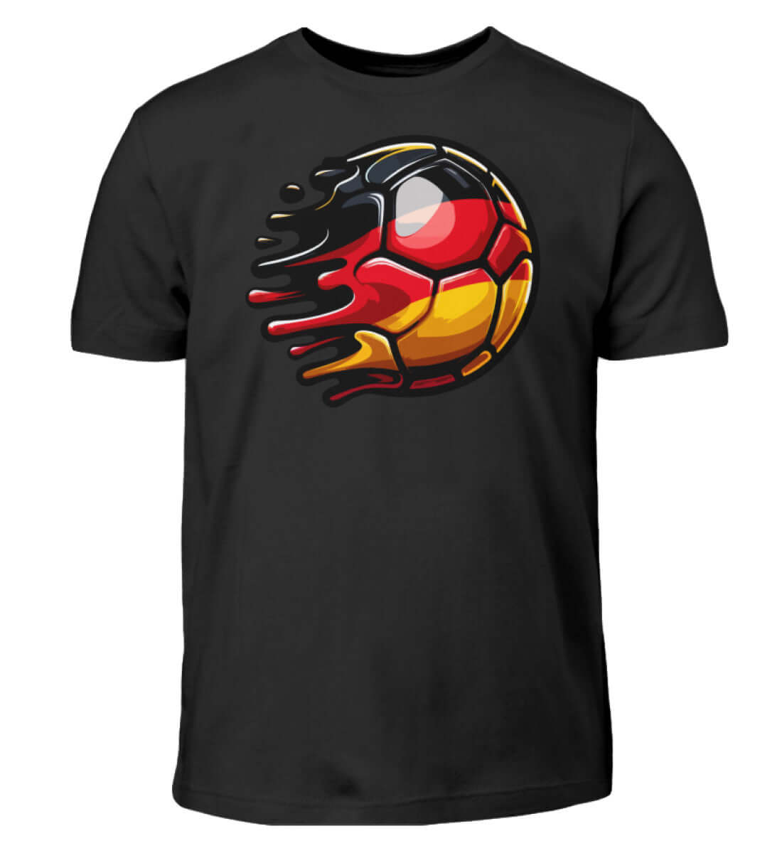 Schwarzes Kinder-T-Shirt mit bedrucktem Fußball-Design in Deutschland-Farben, ideal für junge Fußballfans.