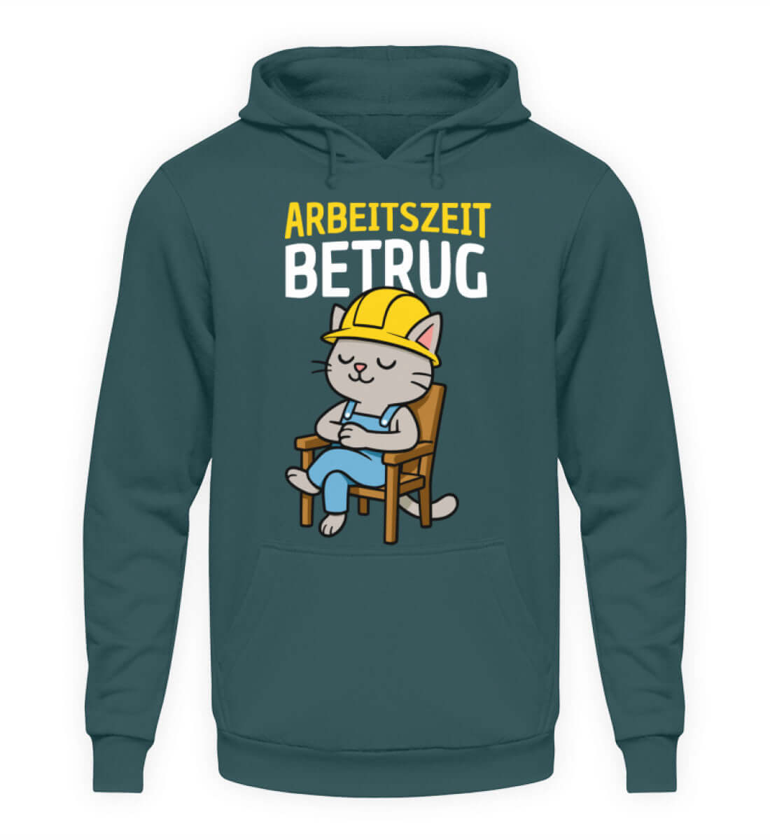 Herren Hoody mit schlafender Baukatze, Aufdruck "Arbeitszeitbetrug" für entspannte Feierabende.