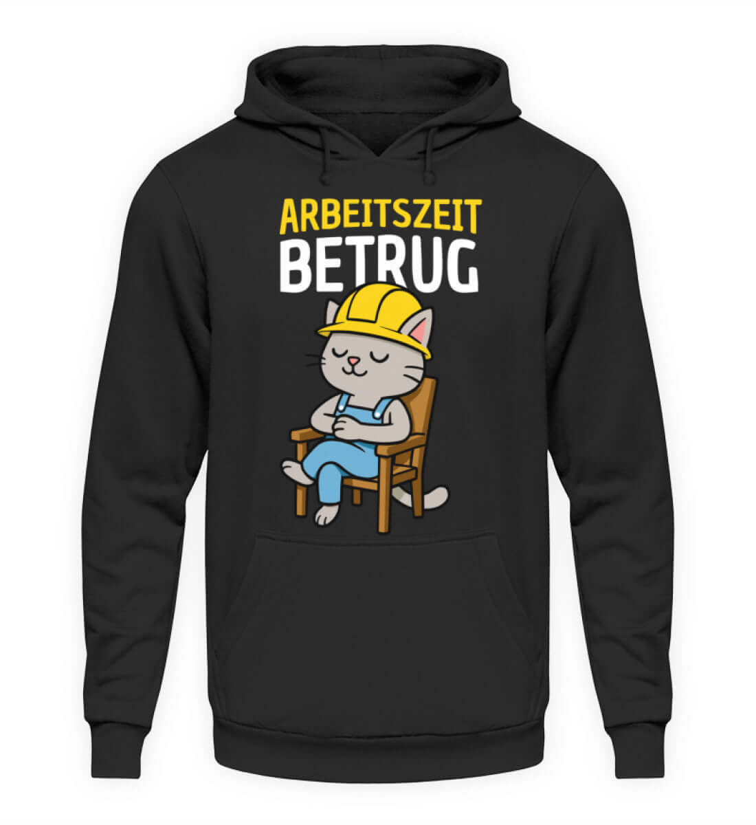 Schwarzer Herren Hoody mit lustigem Katzen-Motiv "Arbeitszeitbetrug" in Arbeitsschutzhelm, perfekt für gemütliche Stunden.