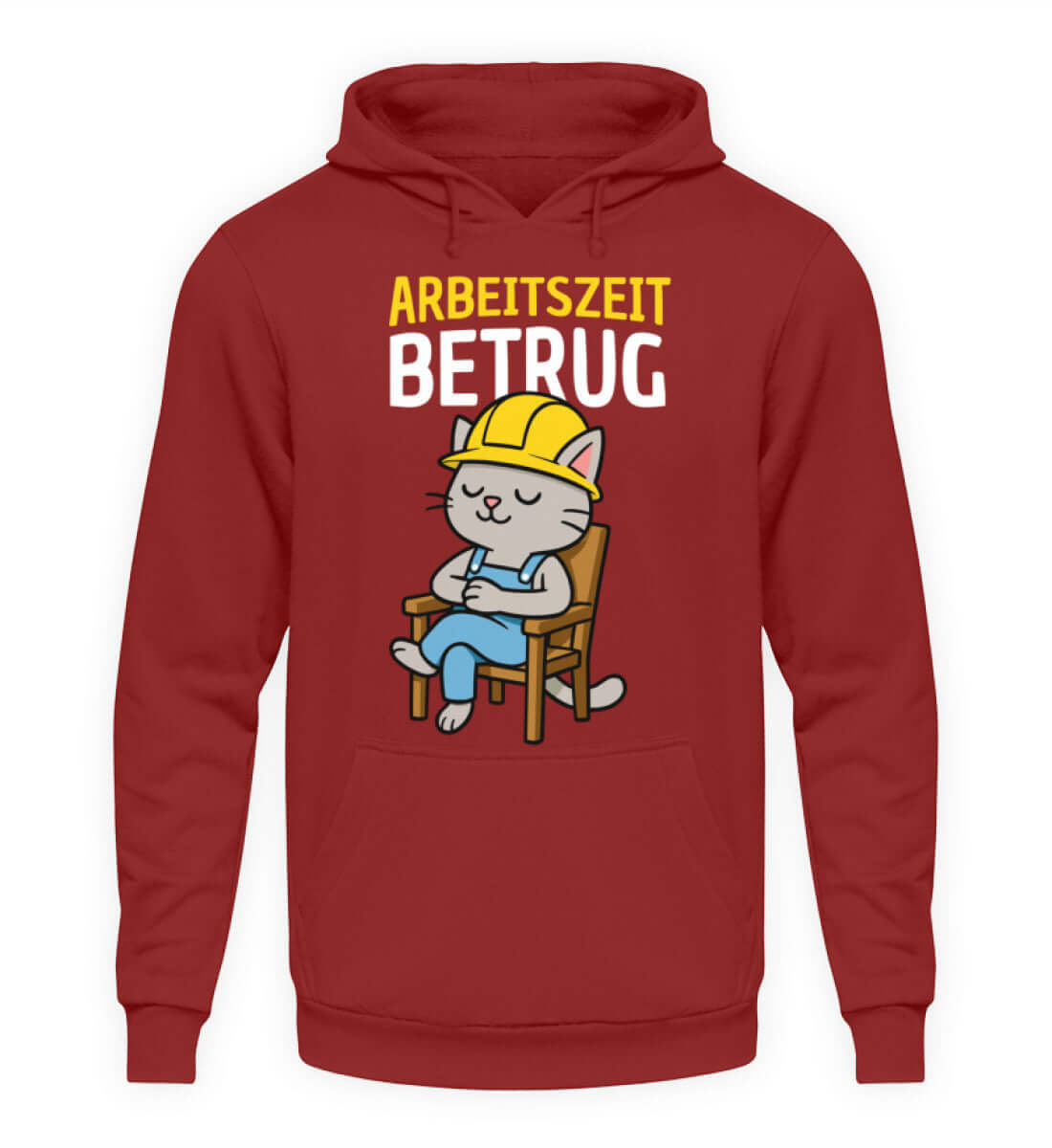 Herren Hoody 'Arbeitszeitbetrug' mit schlummernder Baukatze im Helm – gemütlich und ironisch.