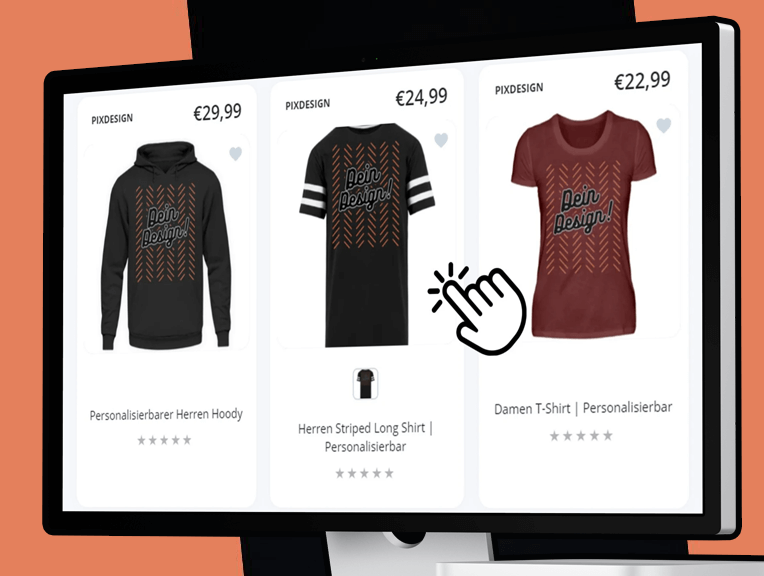 Personalisierbare Kleidung auf Bildschirm: Herren Hoody, gestreiftes Shirt und Damen T-Shirt zu Preisen ab 22,99 €