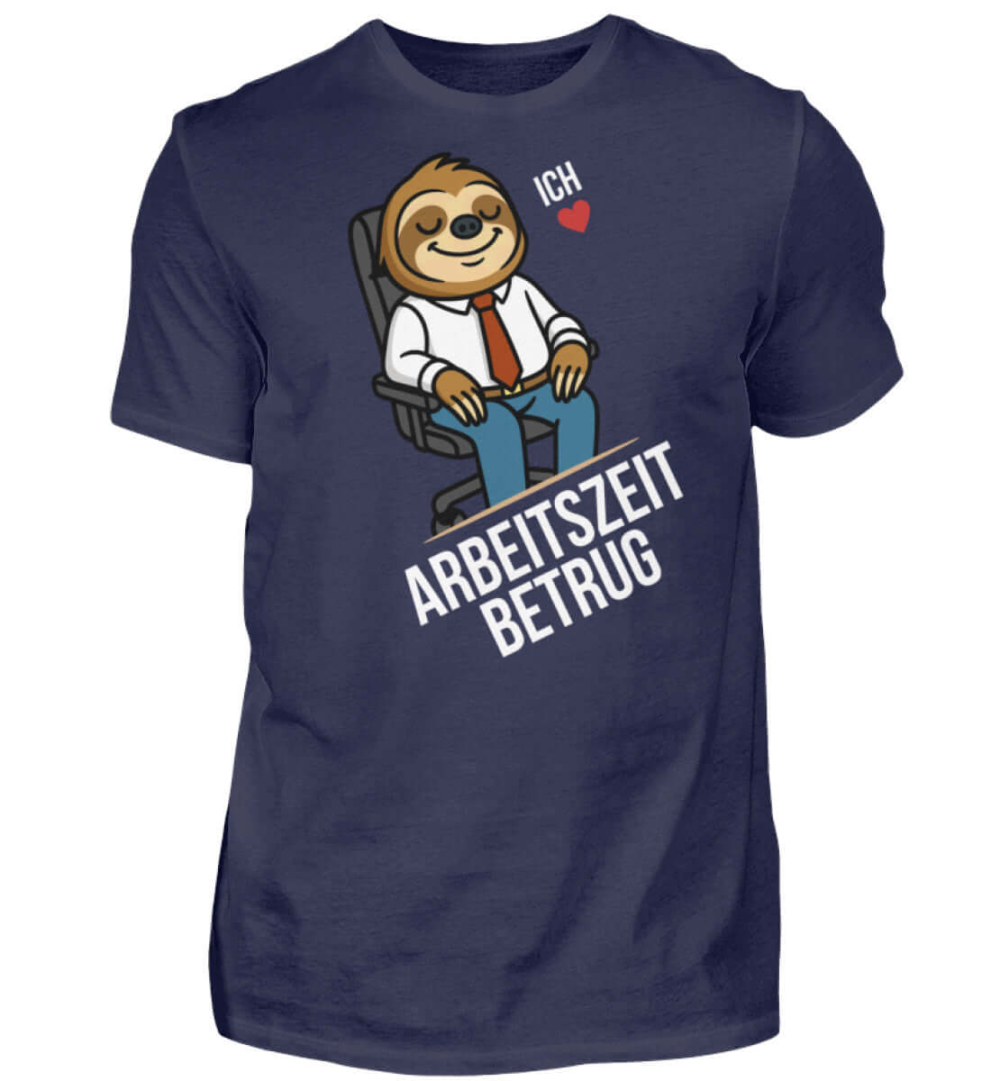 Arbeitszeitbetrug Shirt mit lustigem Faultier im Büro-Outfit auf blauem Hintergrund