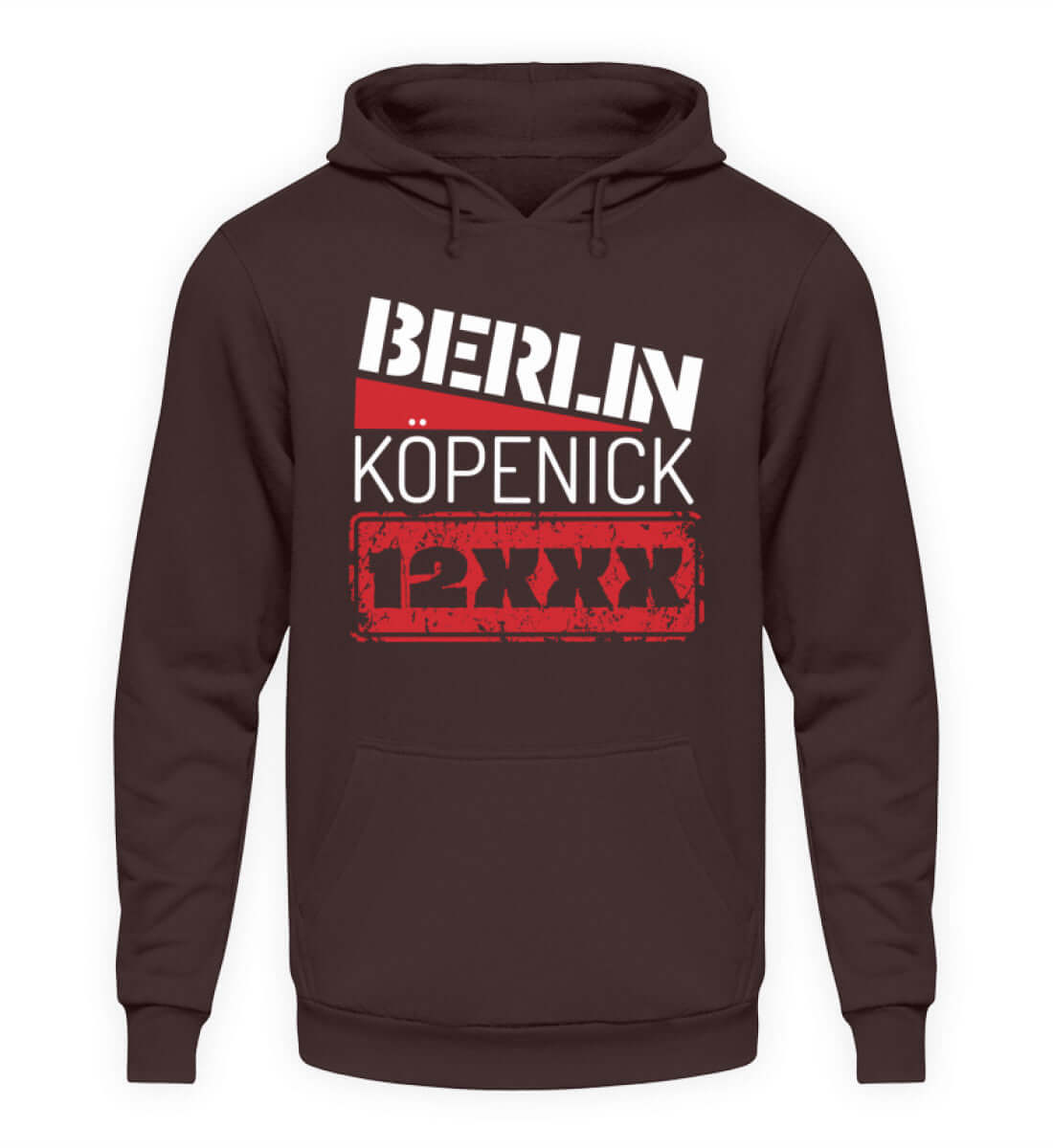 Herren Hoody in Dunkelbraun mit Berlin Köpenick 12XXX Statement-Design für gemütlichen Berliner Alltag.