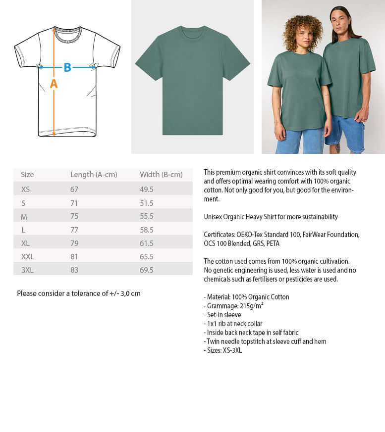 Produktansicht des THC Ente Bio T-Shirts mit Größeninfos