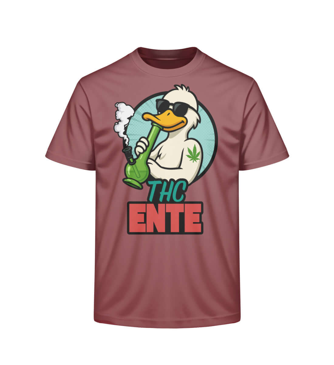 Rotbraunes Bio-Shirt mit satirischem Entenmotiv