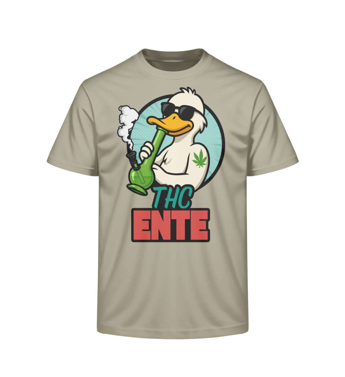 Sandsteinfarbenes Shirt mit THC Ente Comicmotiv
