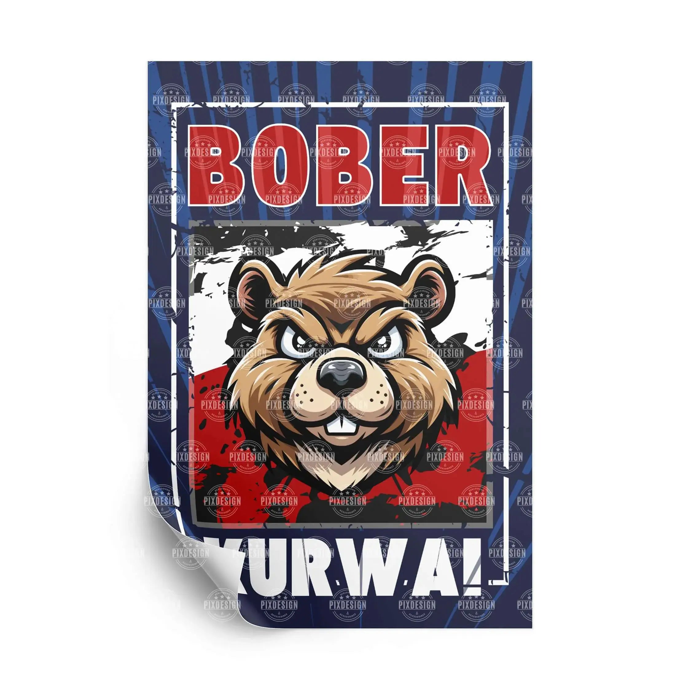 Aggressiver Bober Kurwa Sticker mit wütendem Biberkopf und auffälligem Schriftzug auf blau-rotem Design
