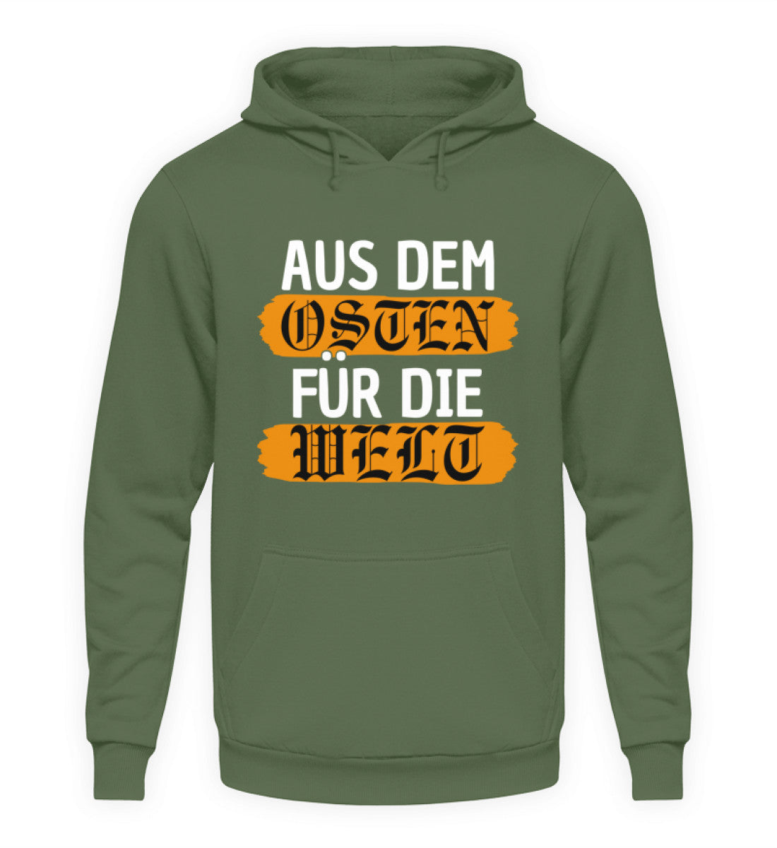 Osten Hoodie Herren in olive green with text "Aus dem Osten für die Welt" on the front, stylish and cozy.