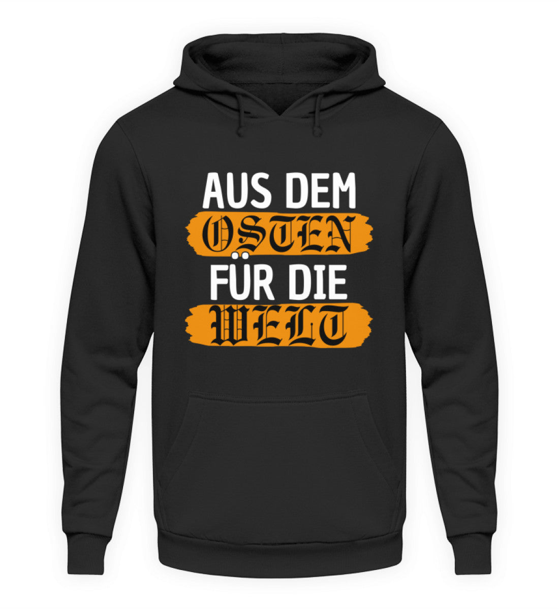 Osten Hoodie Herren mit Aufschrift 'Aus dem Osten für die Welt' in schwarzer Farbe, ideal für Komfort und Stil.