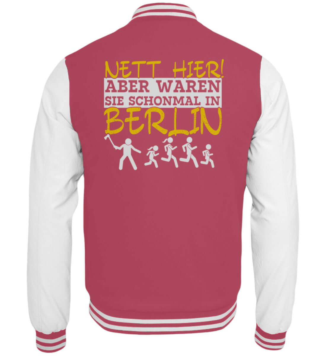 Altrosa-weiße Collegejacke mit Statement-Print über Berlin und Laufgruppe-Illustration
