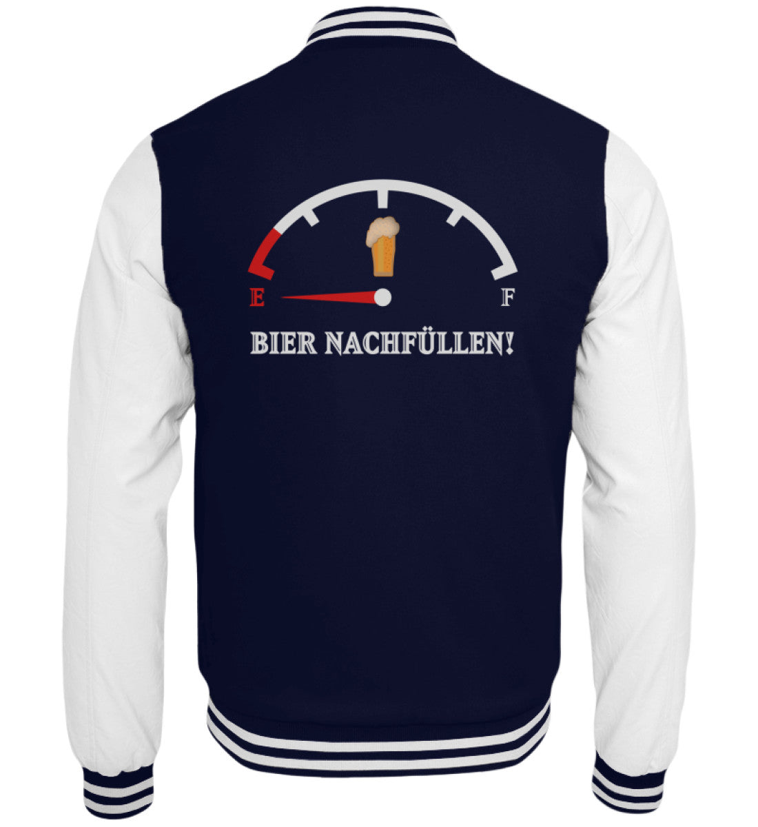 Navy-weiße Collegejacke mit Tankanzeige-Motiv und dem Spruch Bier nachfüllen