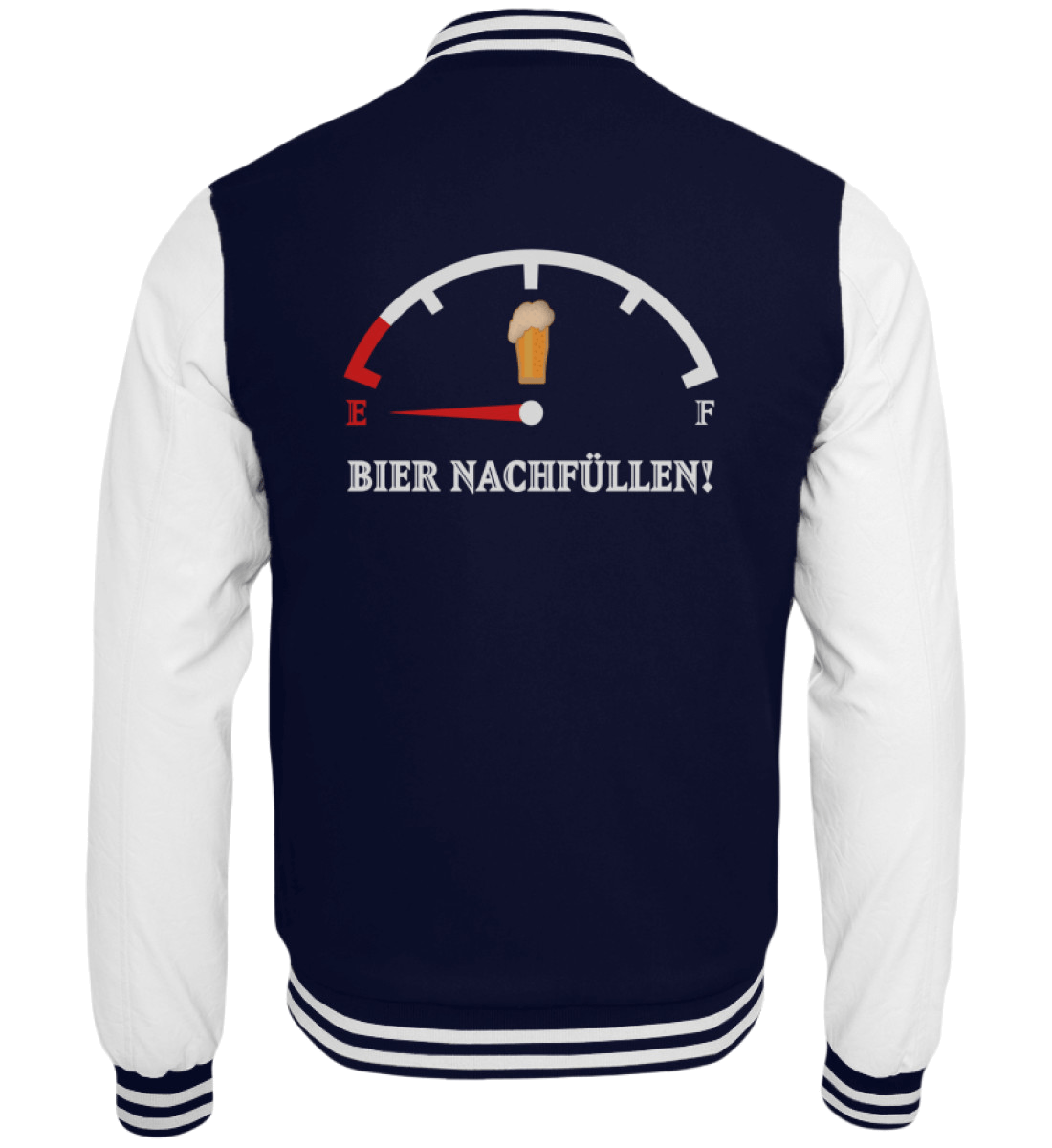 Navy-weiße Collegejacke mit Tankanzeige-Motiv und dem Spruch Bier nachfüllen