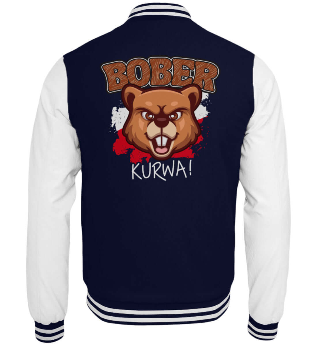 Navy-weiße Collegejacke mit aggressivem Biber-Comic und Bober Kurwa Text