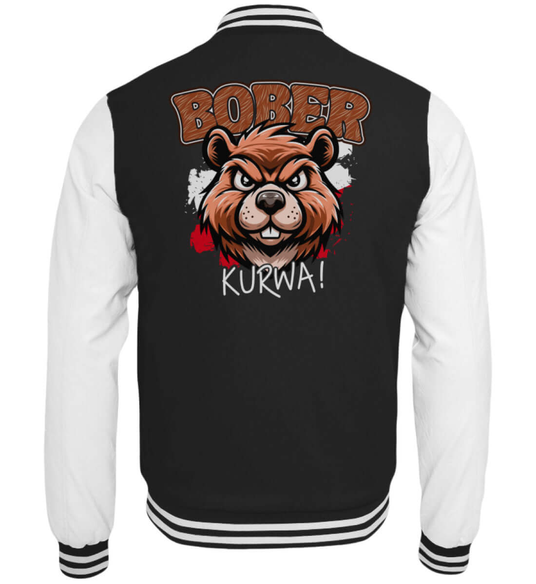 Schwarze Collegejacke mit aggressivem Biber und Schriftzug Bober Kurwa auf dem Rücken