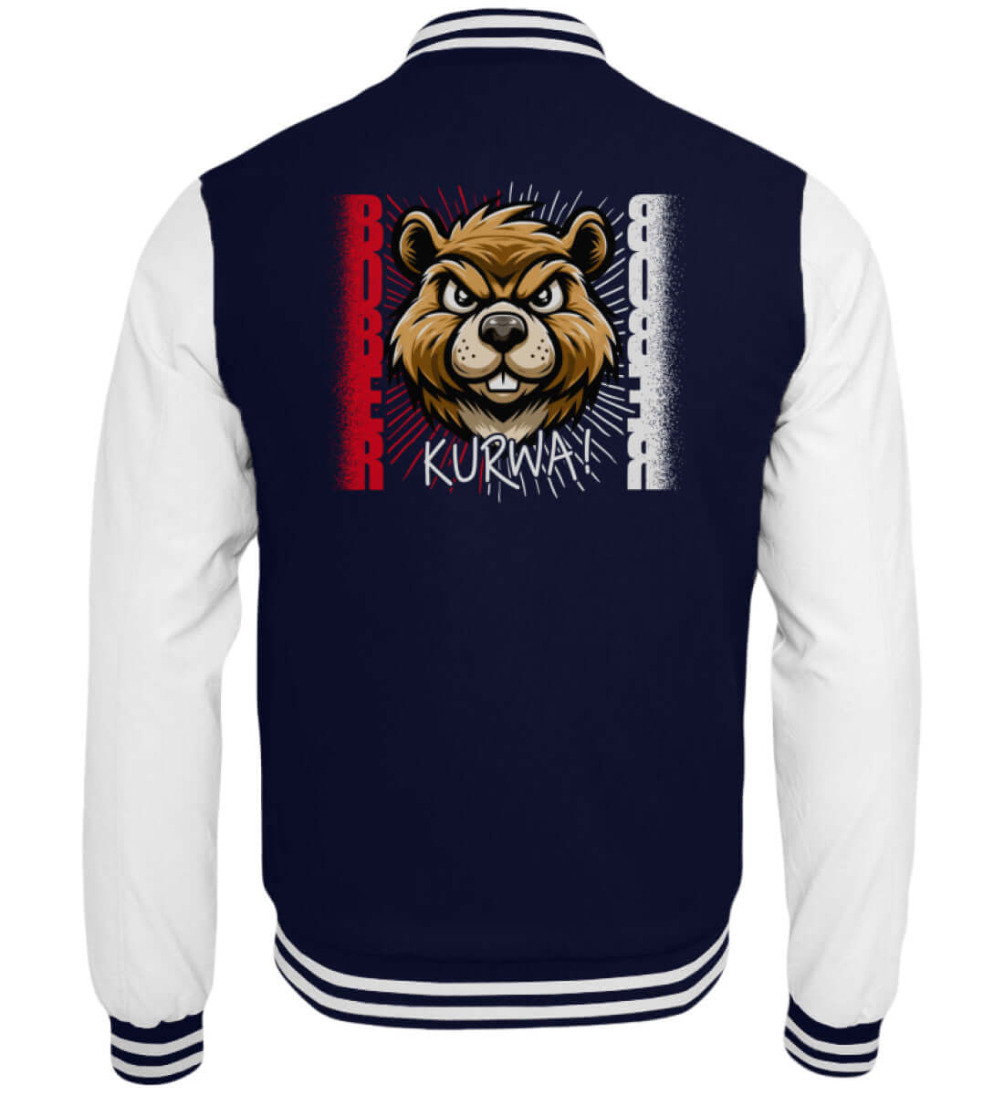 Navy-weiße Collegejacke mit aggressivem Bobr-Motiv und Bober Kurwa Text auf Flaggenstreifen