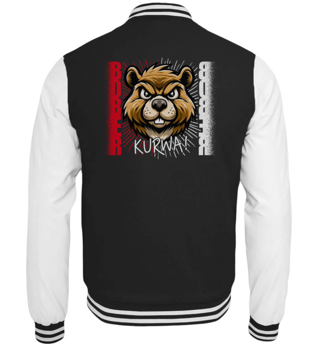 Schwarze Collegejacke mit Wildschwein und polnischer Flagge im Hintergrund sowie Schriftzug Bober Kurwa