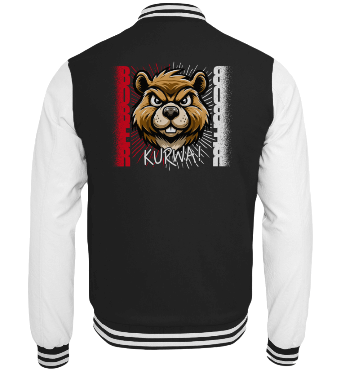 Schwarze Collegejacke mit Bobr und polnischer Flagge im Hintergrund sowie Schriftzug Bober Kurwa