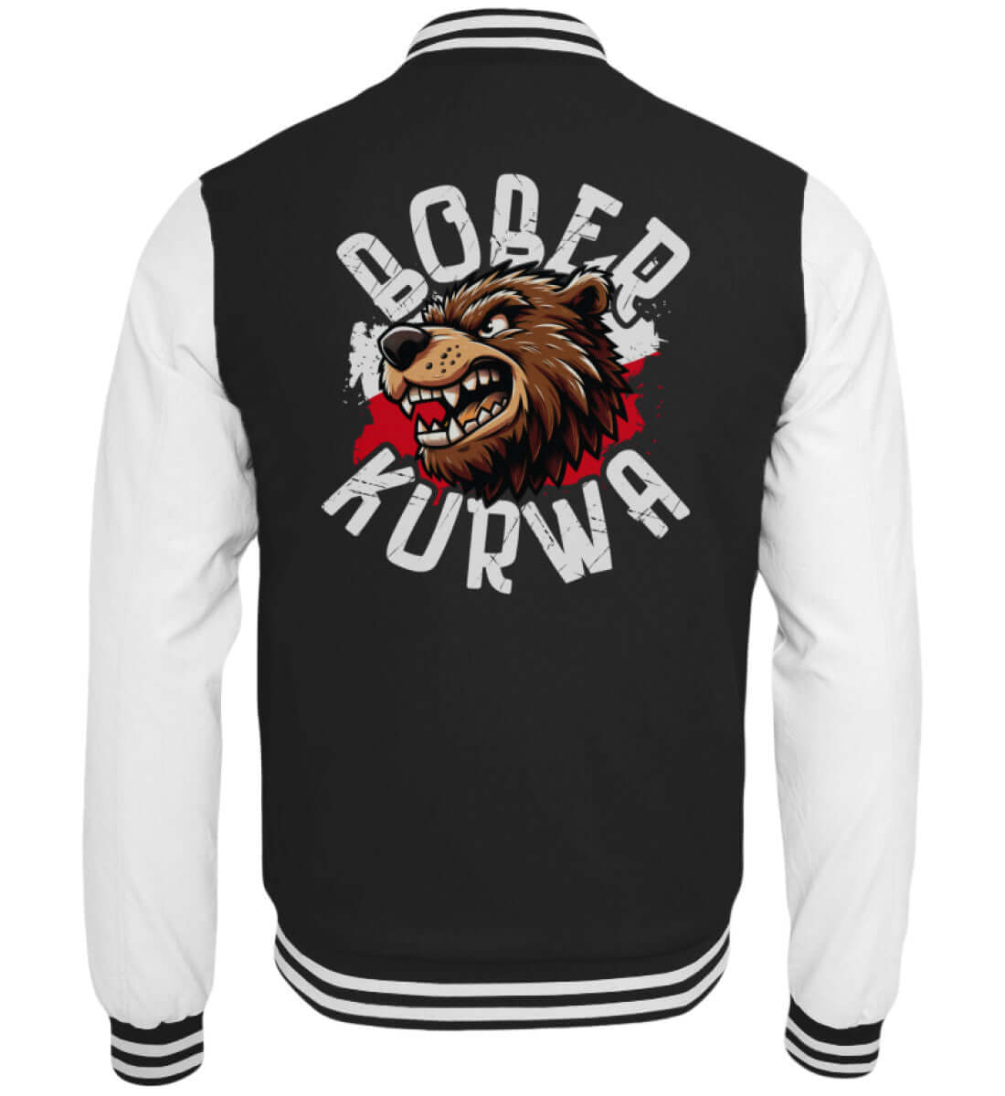 Schwarz-weiße Collegejacke mit aggressivem Bober Kurwa Design und roten Kratzspuren