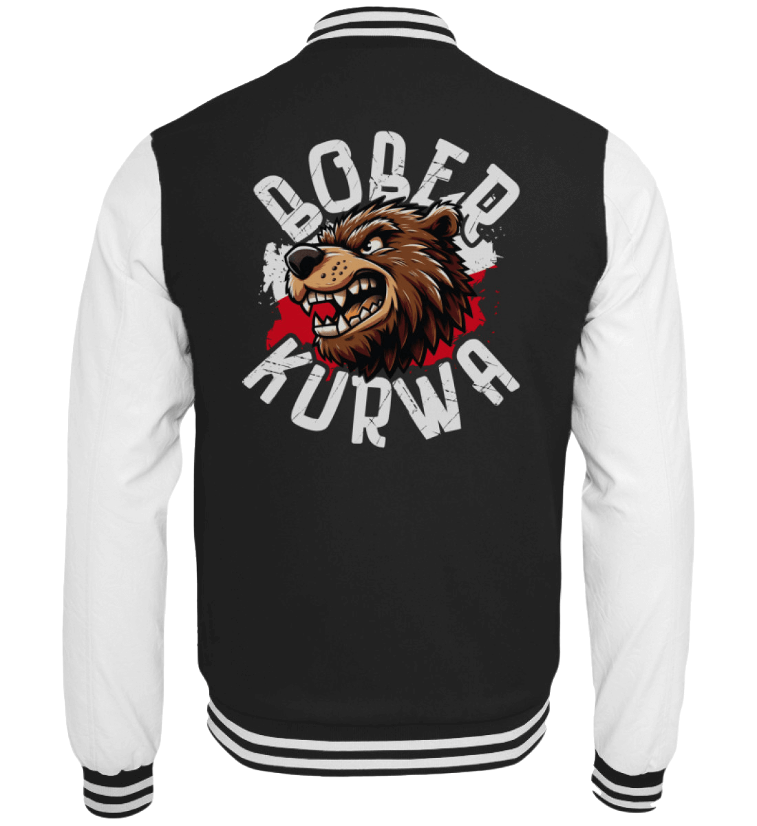 Schwarze Collegejacke mit Wildschwein-Kopf und Schriftzug Bober Kurwa auf dem Rücken