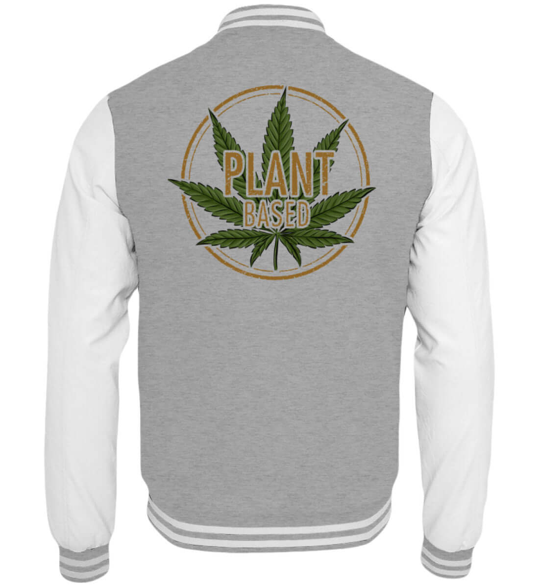 Graue Collegejacke mit grünem Hanf-Design und „Plant Based“-Slogan