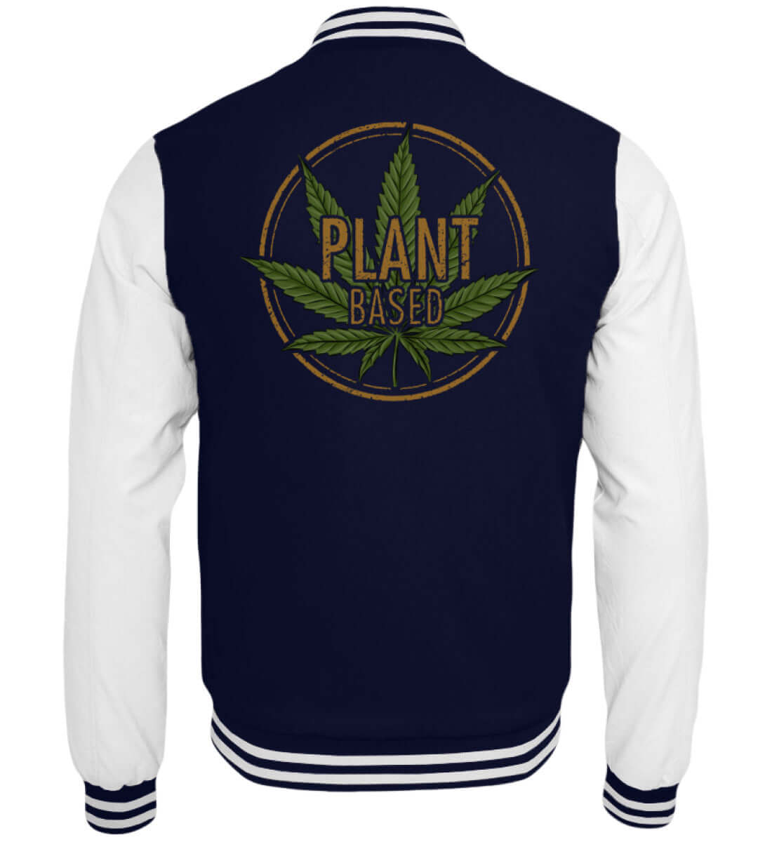 Navy-weiße Collegejacke mit grünem „Plant Based“-Cannabis-Motiv auf dem Rücken