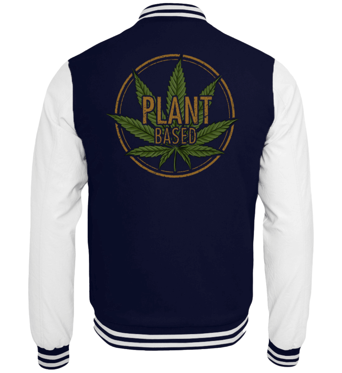 Navy-weiße Collegejacke mit grünem „Plant Based“-Cannabis-Motiv auf dem Rücken