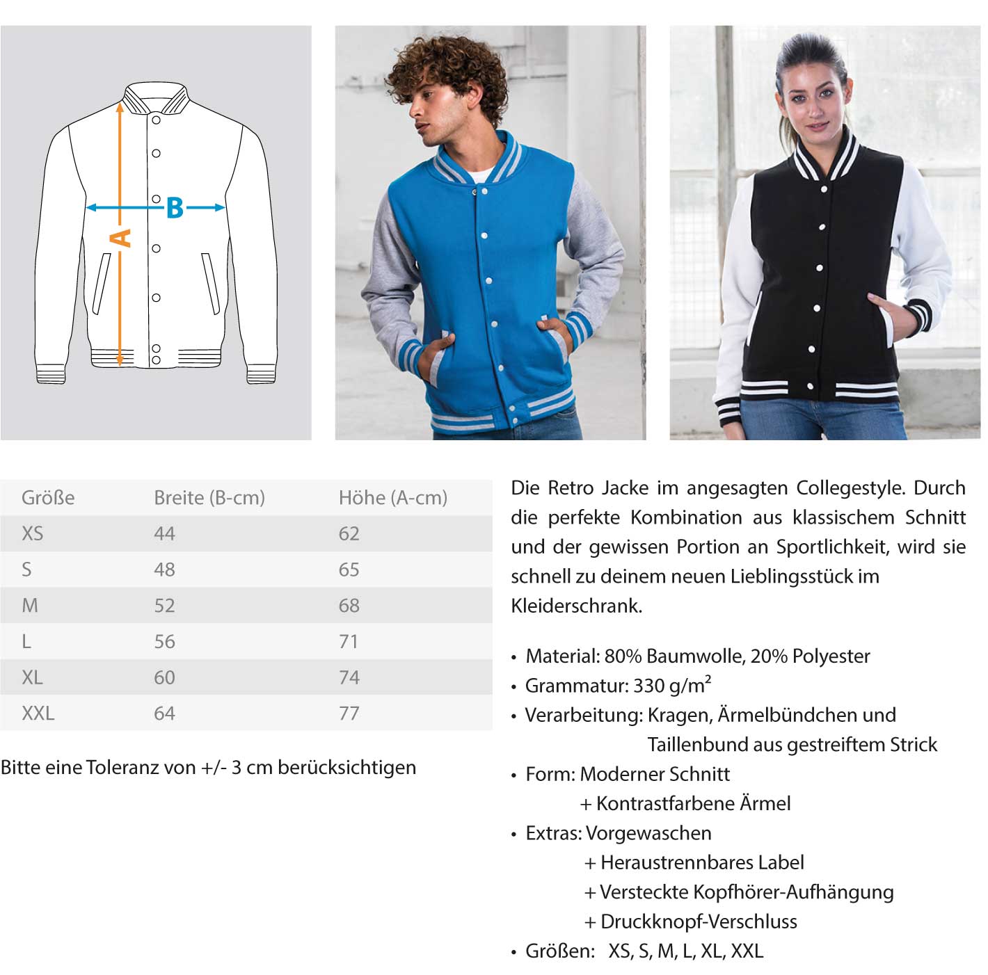 Größentabelle und Modellansichten der Collegejacke mit Deutschland-Motiv
