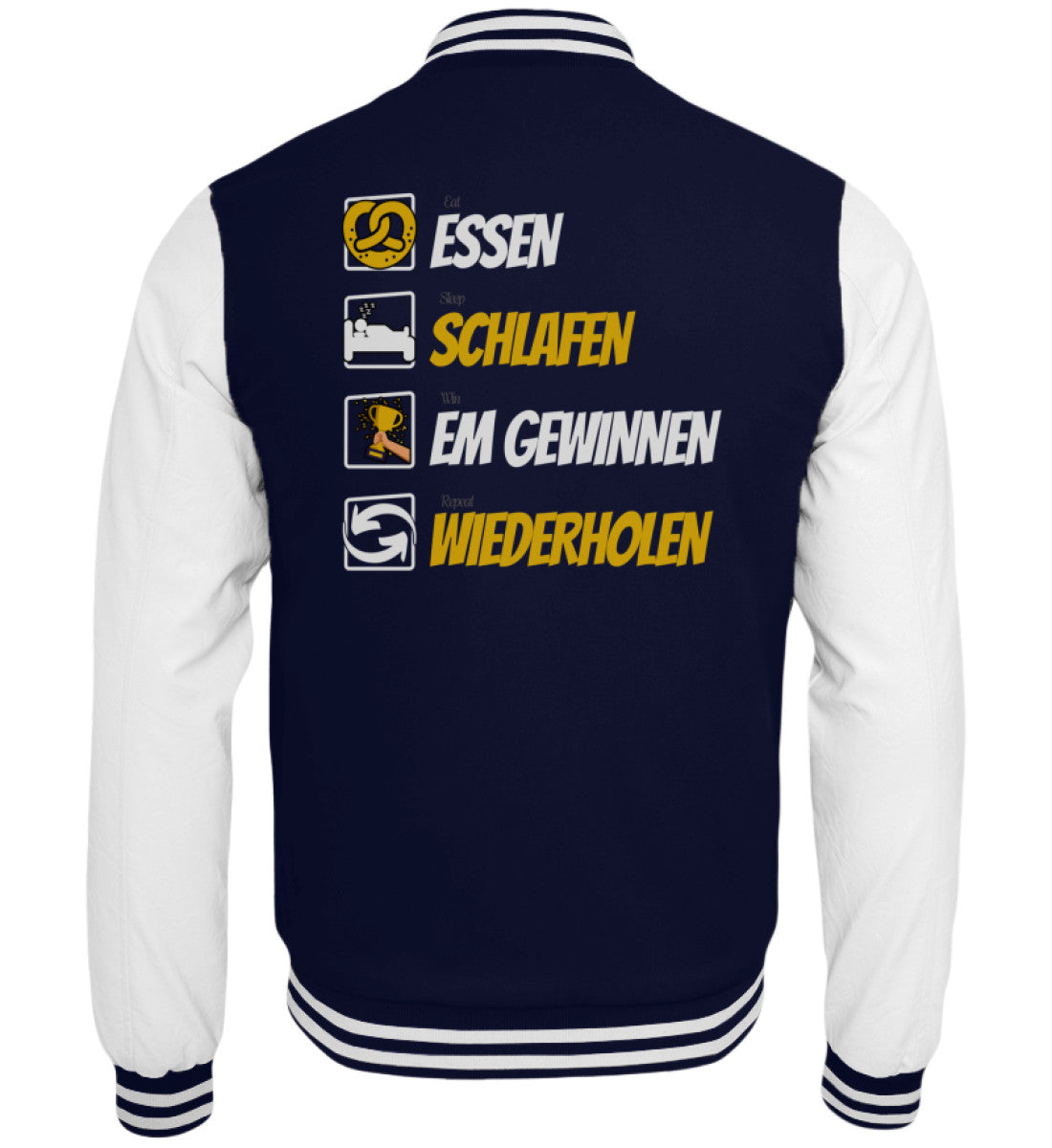 Navy-weiße Collegejacke mit Aufdruck Essen Schlafen EM gewinnen Wiederholen in Gelb und Weiß