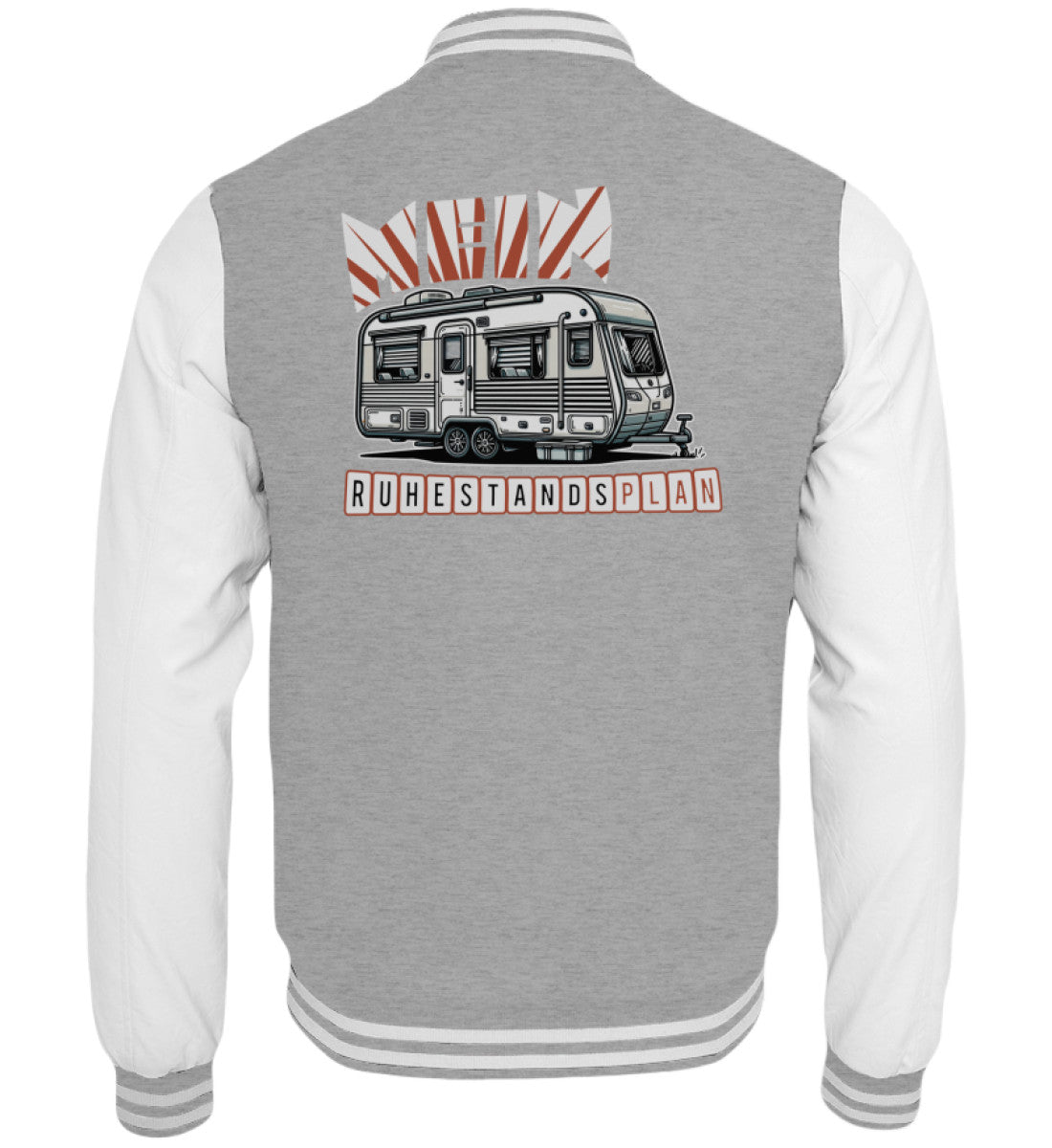 Graue Collegejacke mit Wohnmobil-Aufdruck für Campingfreunde und Rentnerträume