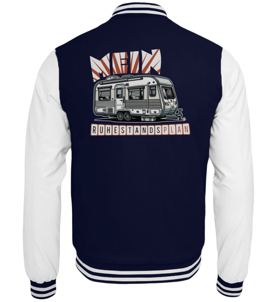 Navy-weiße Collegejacke mit Aufdruck Mein Ruhestandsplan und Wohnmobil Grafik