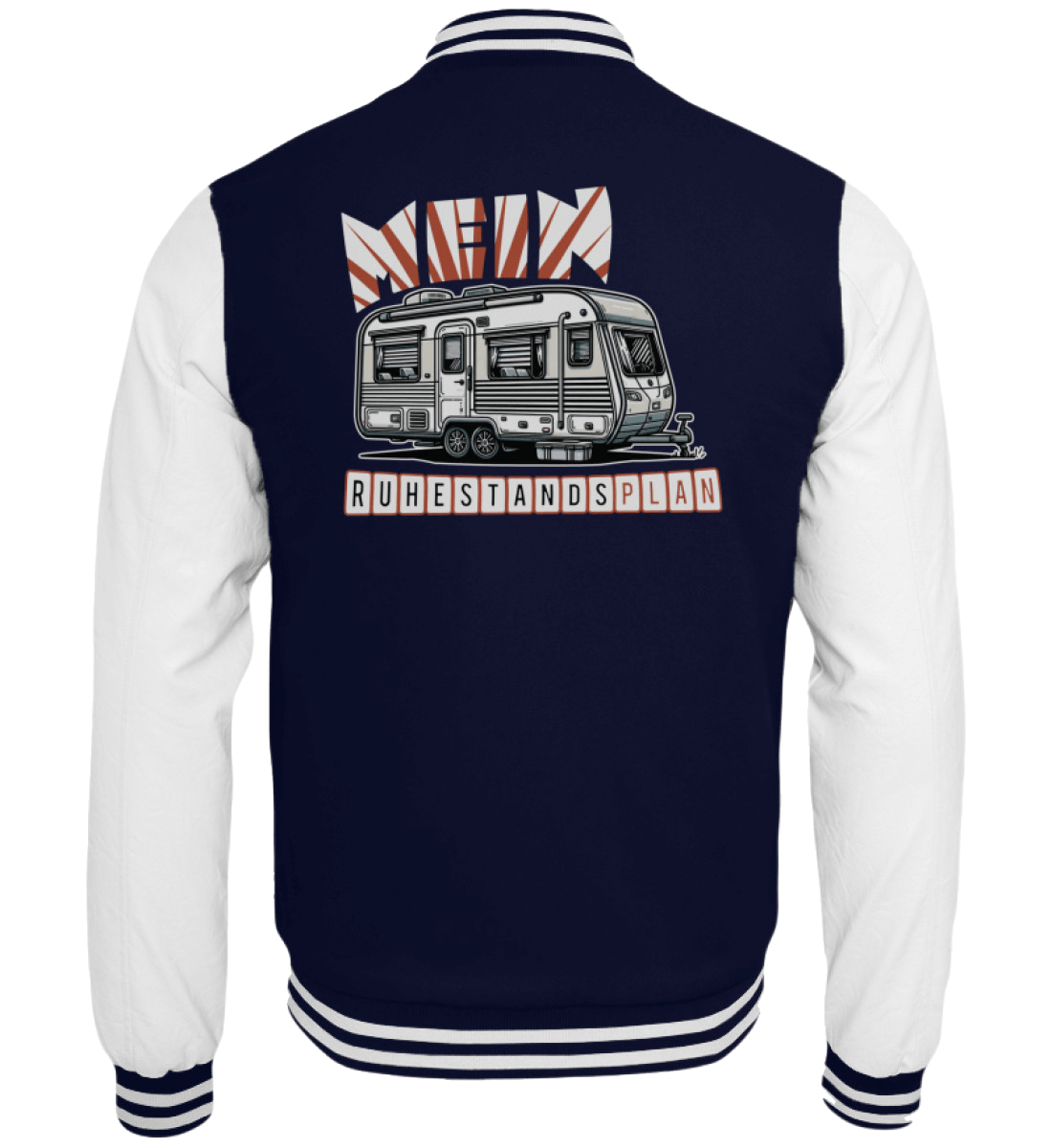 Navy-weiße Collegejacke mit Aufdruck Mein Ruhestandsplan und Wohnmobil Grafik